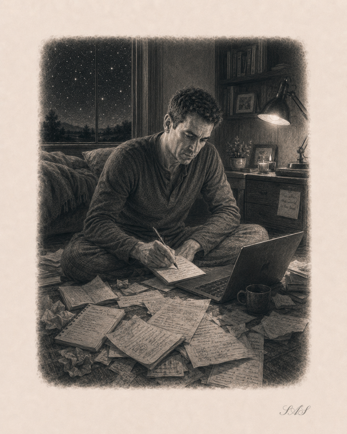 Monochrome editorial illustration for Across the Universe, With Both Feet on the Ground