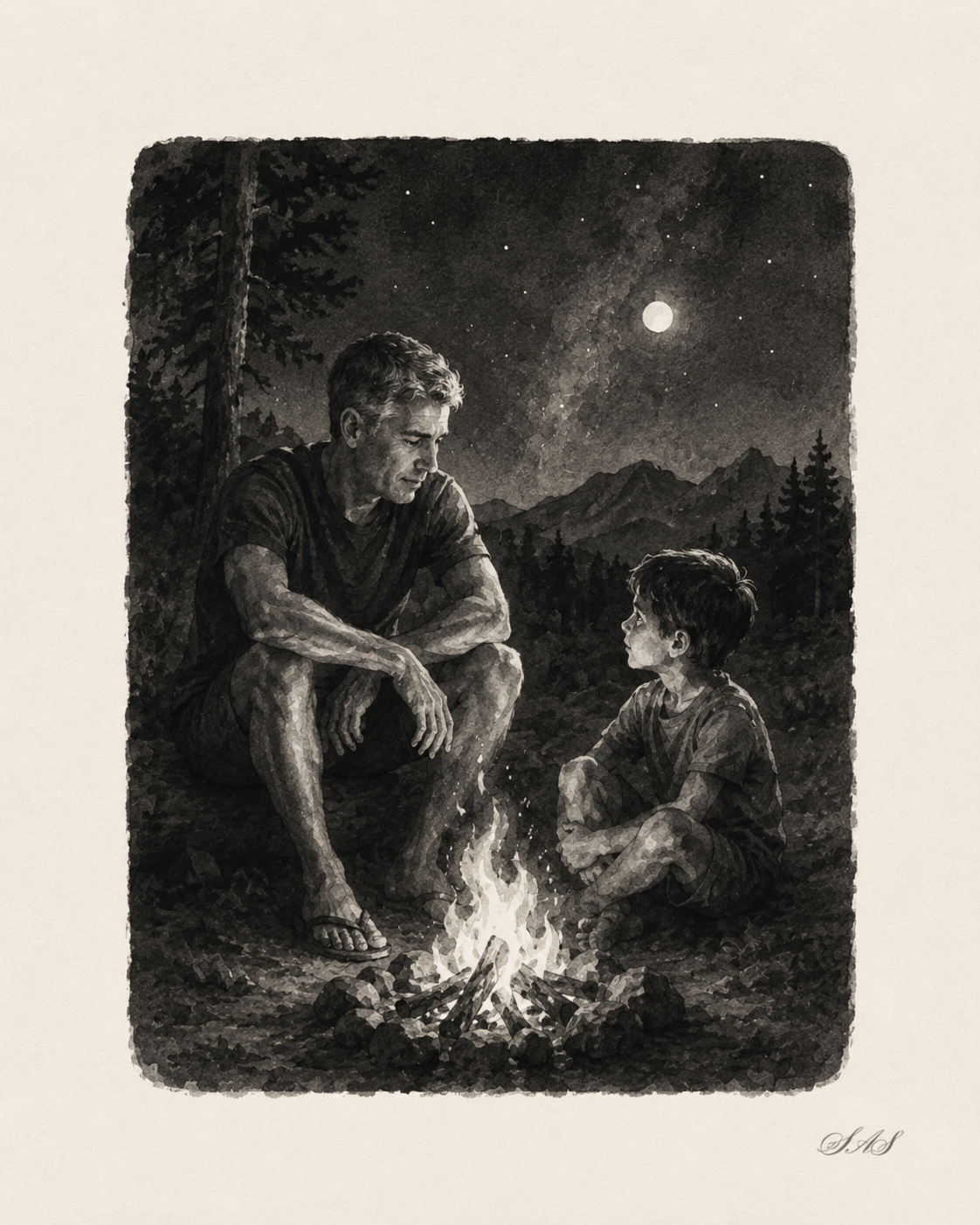 Monochrome editorial illustration for The Boy Wanted to Camp