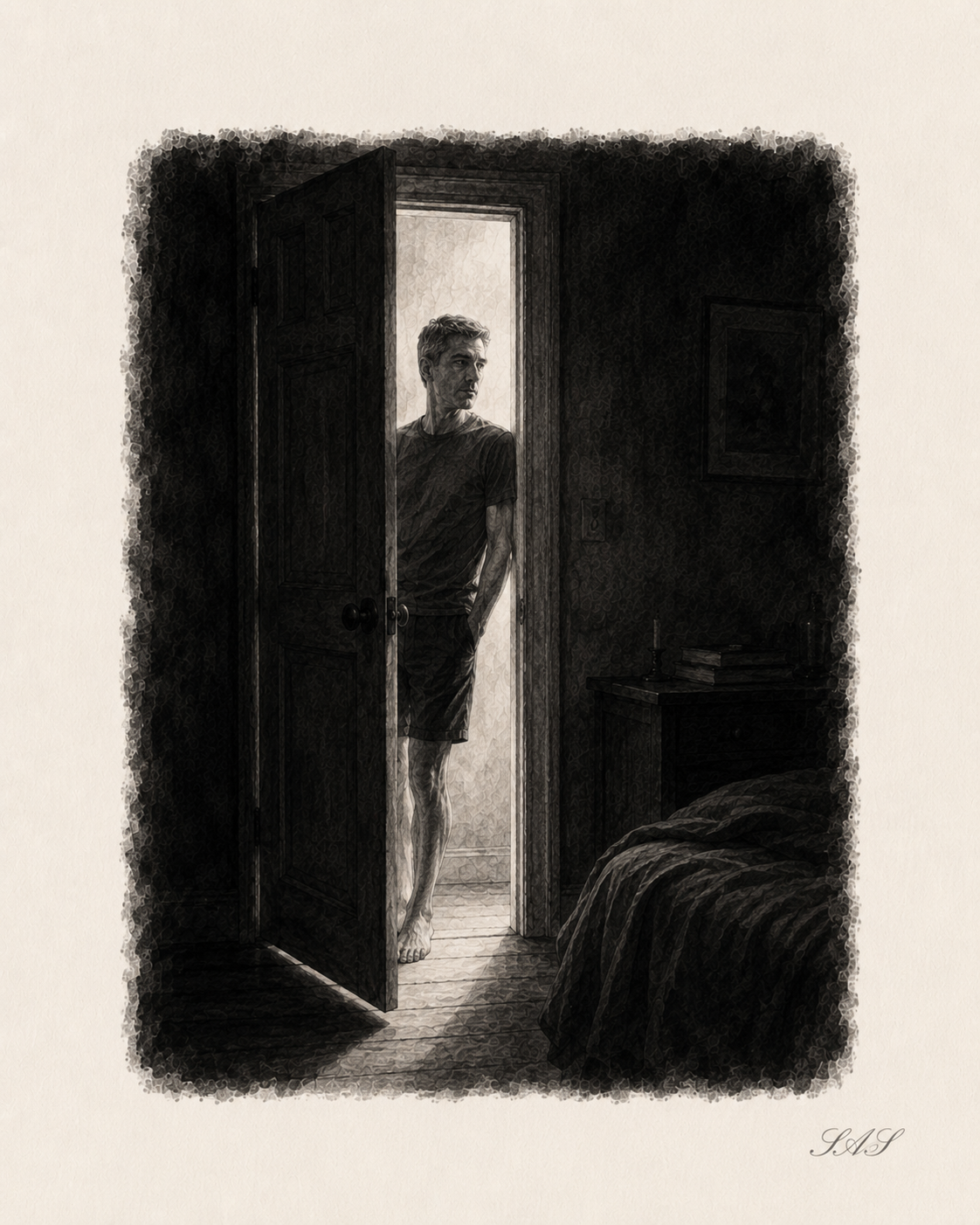 Monochrome editorial illustration for The Door Was There